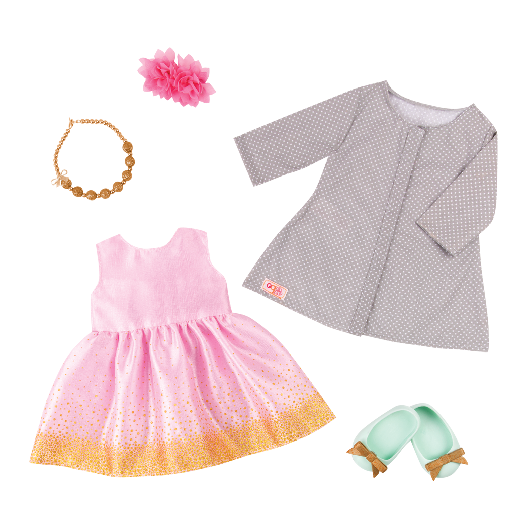 AMERICAN GIRL OUR GENERATION FRILLY PARTY DRESS+HAIR PIN 18 INCH DOLL CLOTHES 