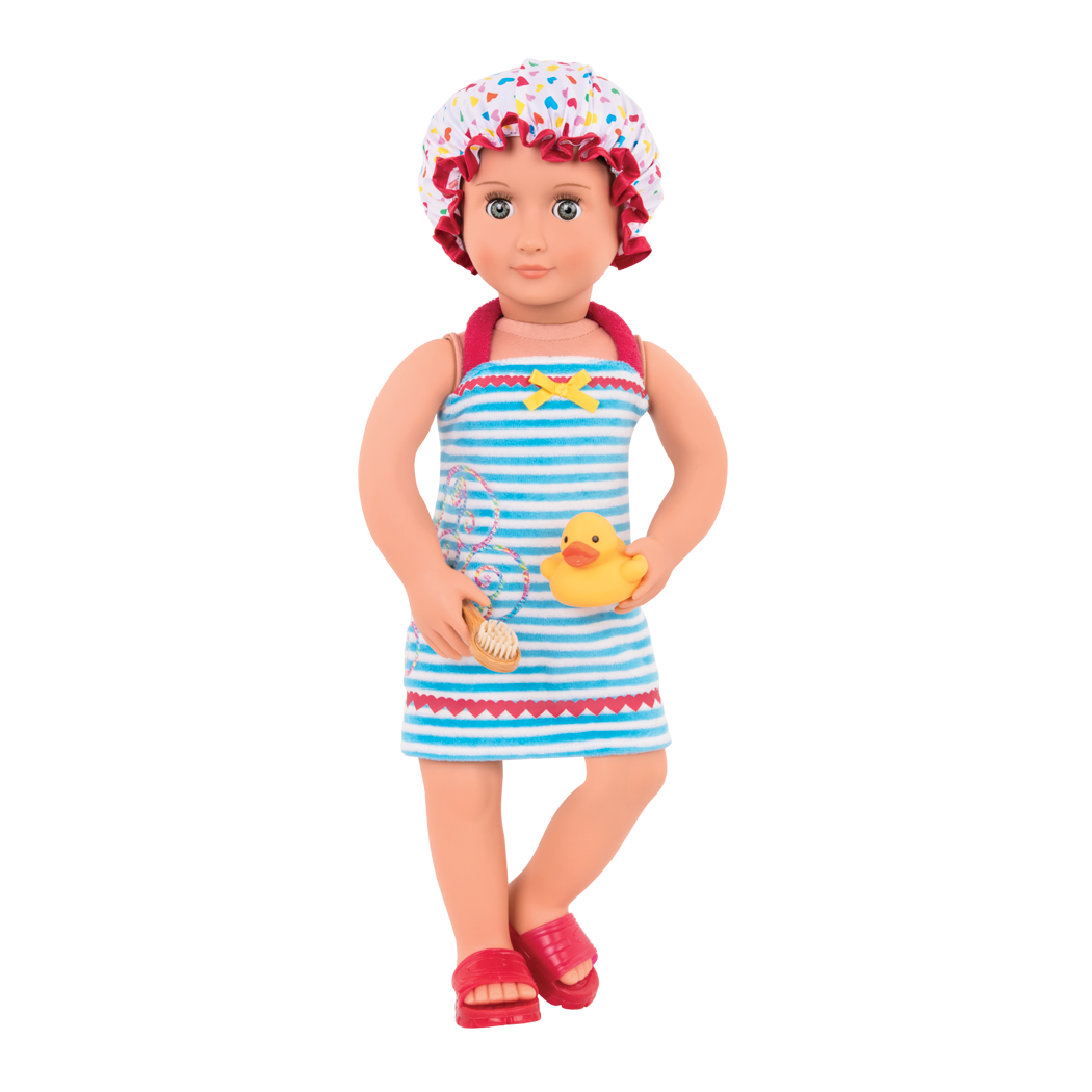 Duck and Bubbly bath outfit Everly doll wearing shower cap