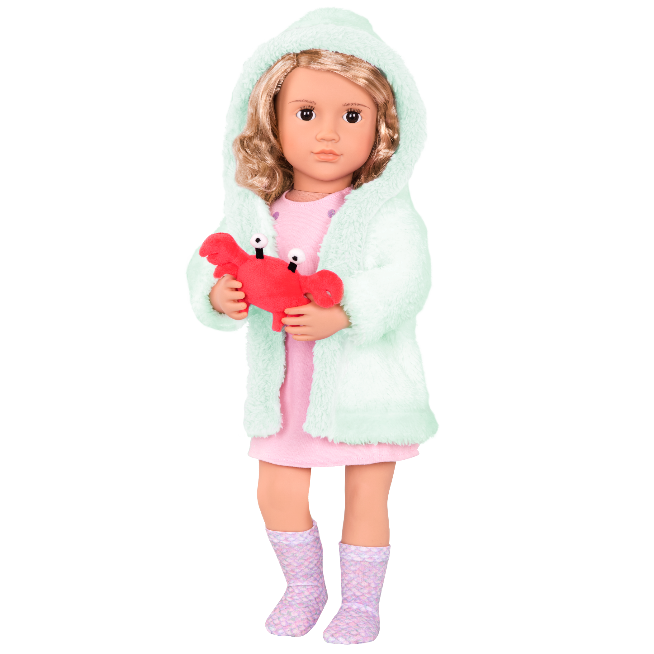 Noelle wearing Seaside Dreaming outfit with hood on