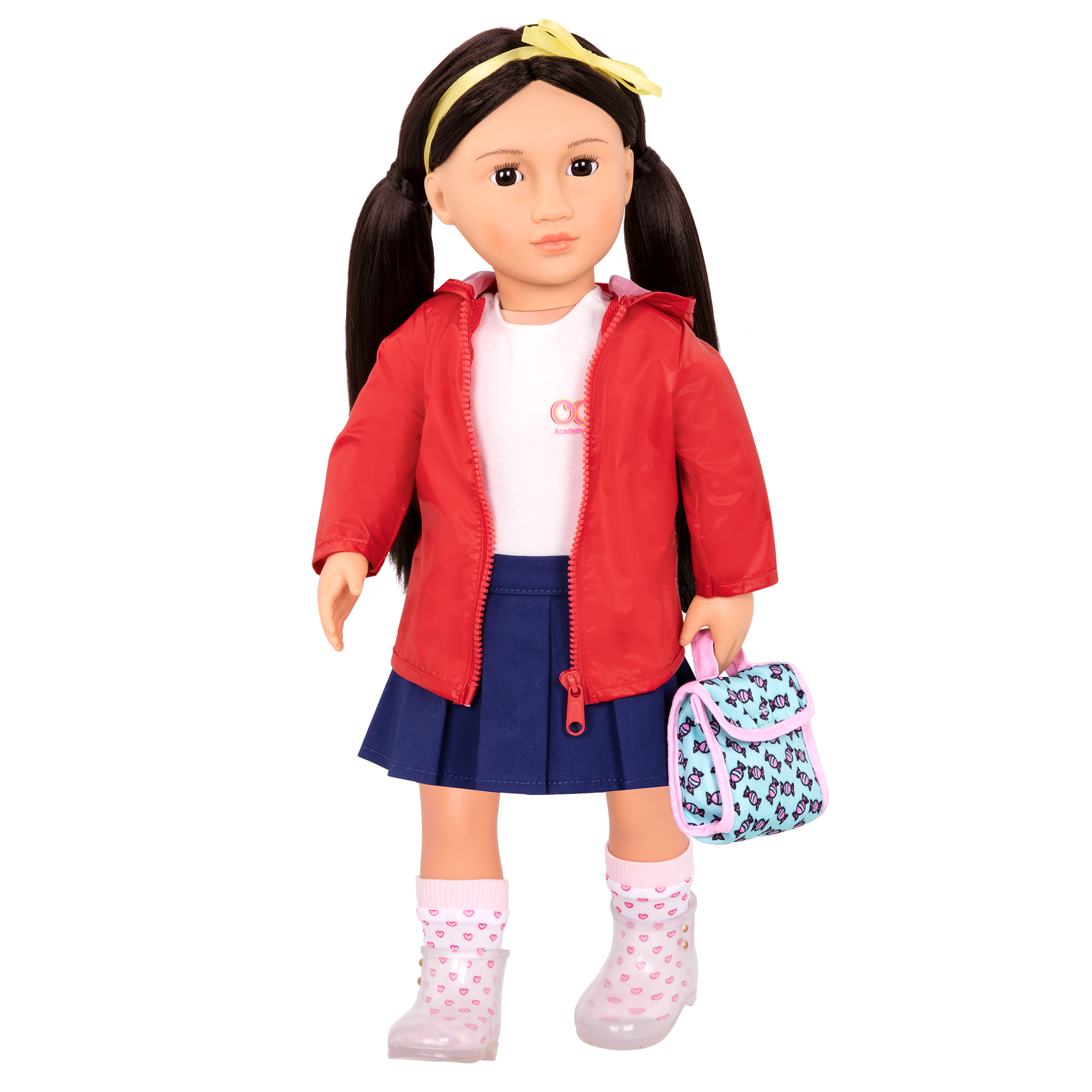 Aiko wearing Rainy Recess School Outfit with lunchbox