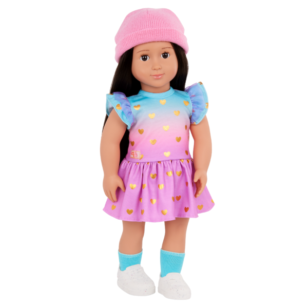 Our Generation Doll in Blue & Pink Heart-Print Dress Outfit