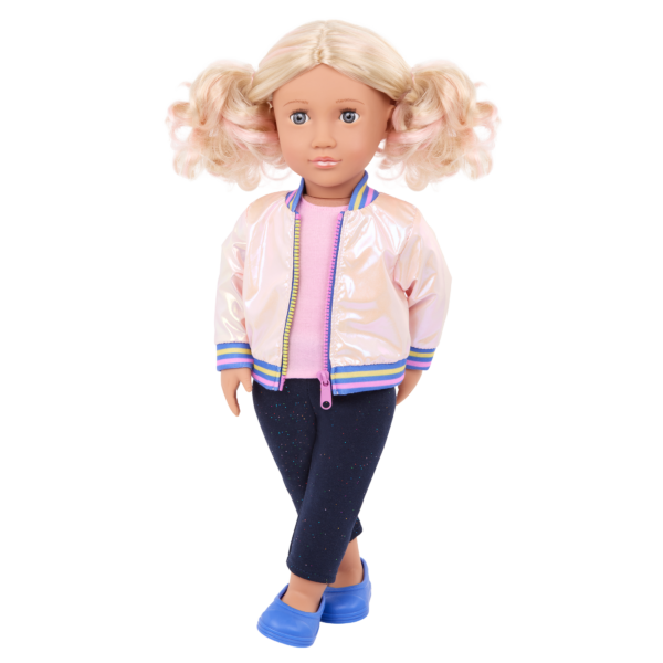 Our Generation Doll in Pink Bomber Jacket with Rainbow Trim
