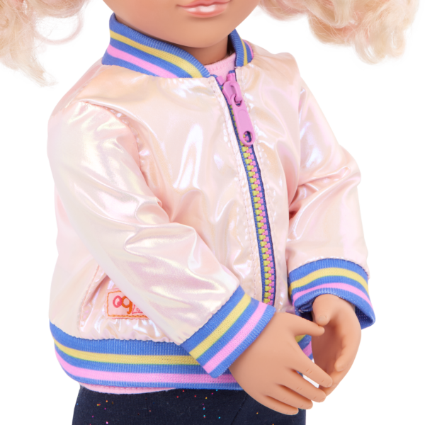 Our Generation Doll Pink Bomber Jacket with Rainbow Trim