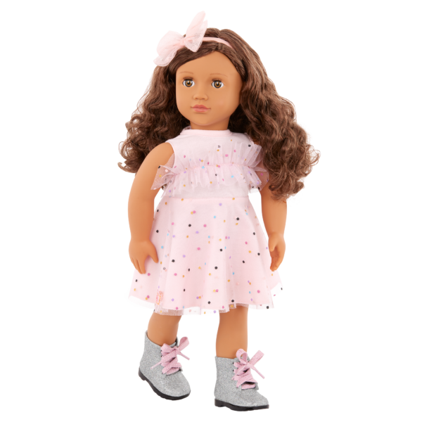 Our Generation 18 inch Doll wearing "Pink and Colorful" Outfit including dress, boots and headband