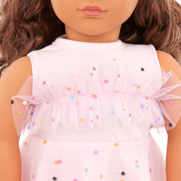 Close up of Our Generation 18 inch Doll wearing dress from "Pink and Colorful" Outfit