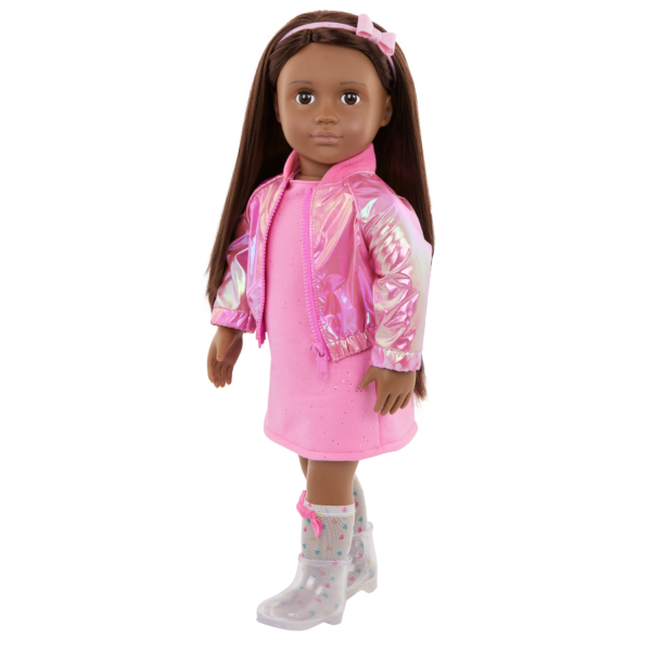 Our Generation 18 inch Doll wearing Deluxe Outfit "Splash of Pink" including pink dress, shiny pink jacket, socks boots and headband