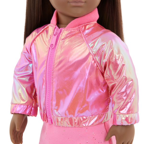 Close up of Our Generation 18 inch Doll wearing shiny pink jacket