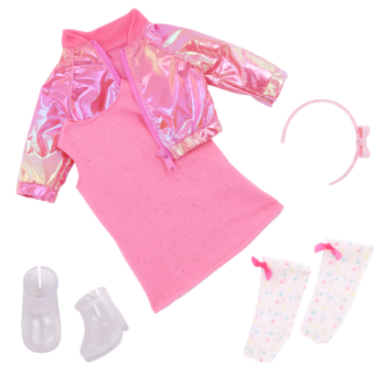 Our Generation Deluxe Outfit "Splash of Pink" including pink dress, shiny pink jacket, socks boots and headband