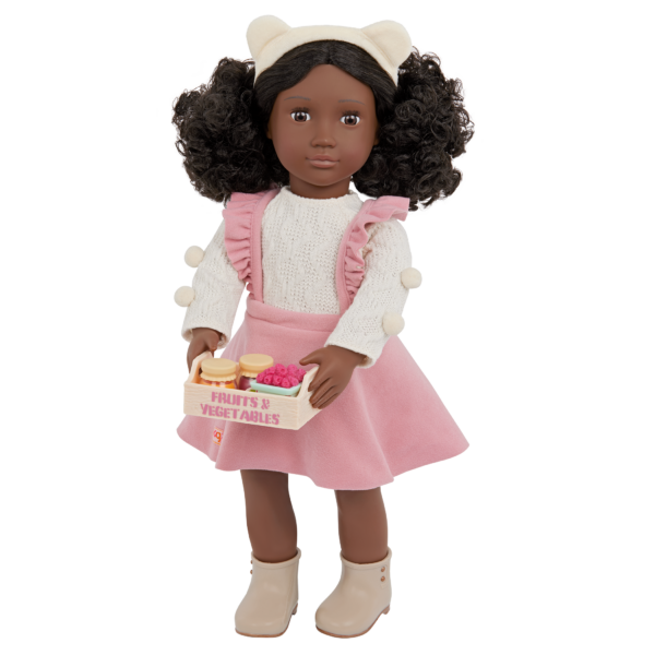 Our Generation Doll in Pink Jumper Skirt Holding Jam Tray
