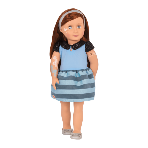 Alessa front view with glitter tattoos and blue dress