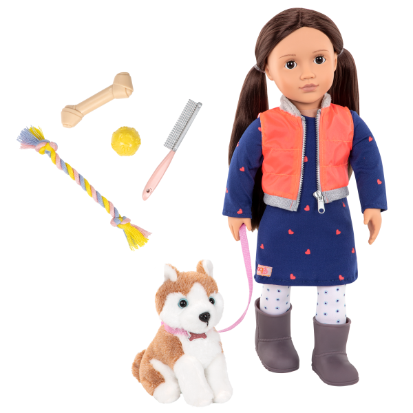Leslie and Husky 18-inch doll and Pet