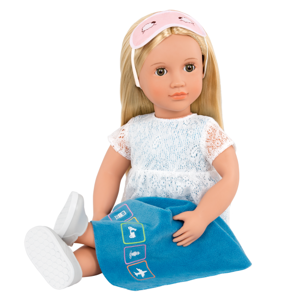 Deluxe 18-inch Train Travel Doll Joanie with blanket