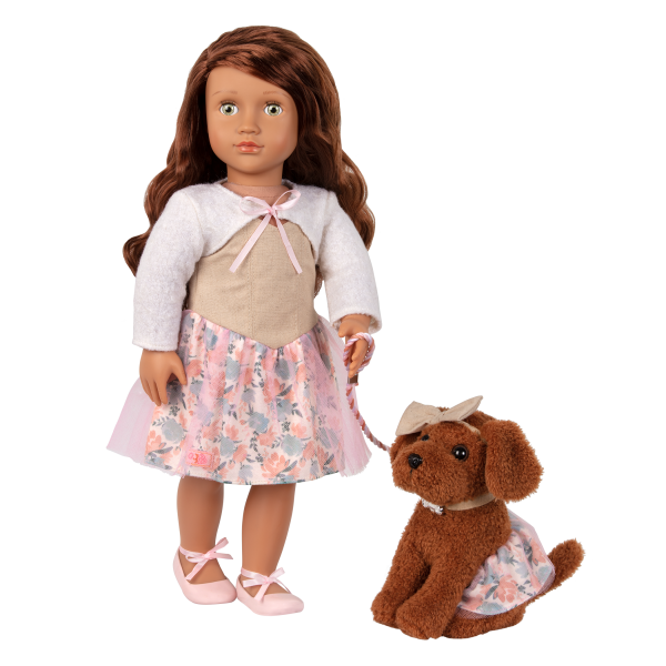 Our Generation 18-inch Doll Camelia & Pet Dog Plush Pirouette Matching Floral Dress