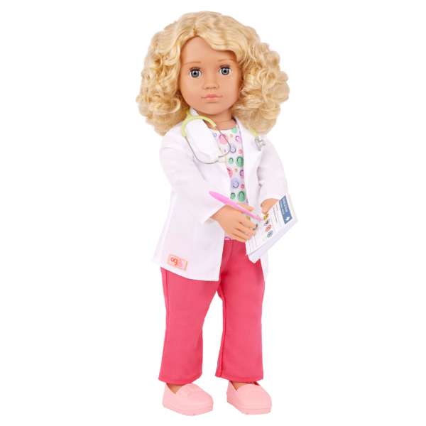 Our Generation 18-inch Pediatrician Doll Felicia with Stethoscope and Writing on Medical Form