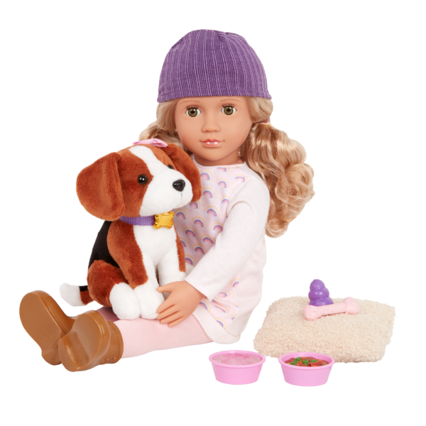 Our Generation 18-inch Doll Ember Sitting with Pet Beagle Elsie