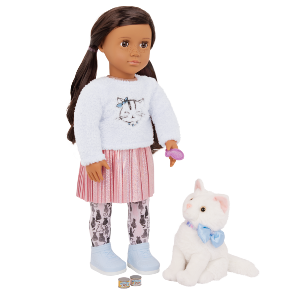 Our Generation 18-inch Doll Carlina Serving Cat Food to Opal