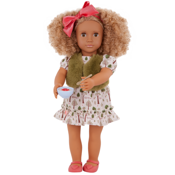 Our Generation 18 inch Doll Addison holding bowl and spoon