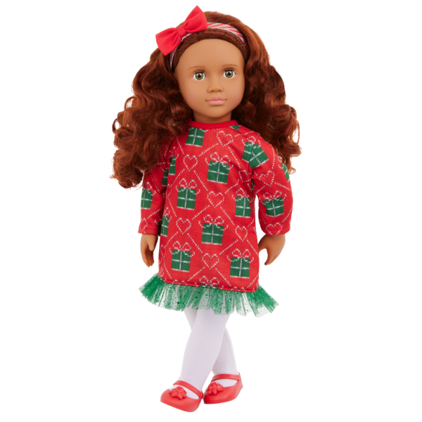 Our Generation 18-inch Doll Luz Wearing Red & Green Christmas Sweater Dress