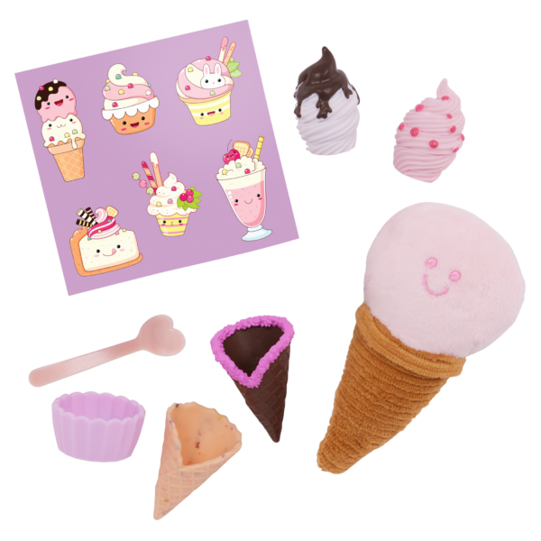 Accessories for OG 18 inch Doll including stickers, plush toy and pretend sundaes and ice cream treats