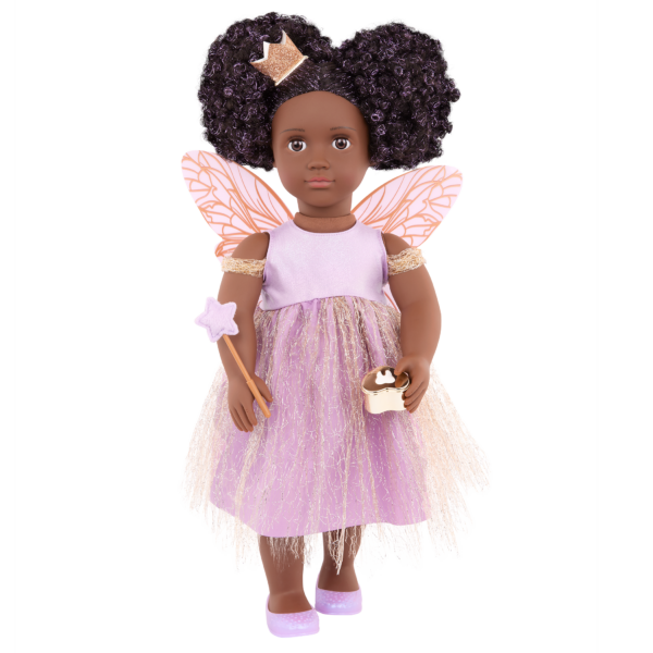 Our Generation 18 inch Tooth Fairy Doll Pixie holding a magic wand and a gold box for a tooth