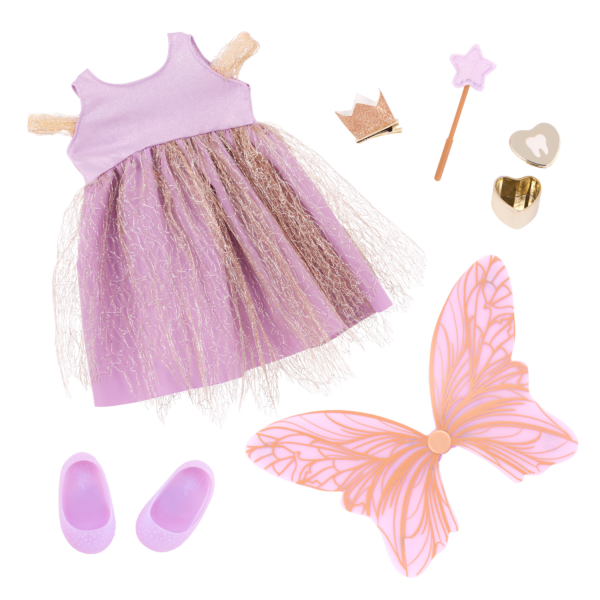 Outfit and accessories for Our Generation Doll Pixie including dress, shoes, crown, wings, gold box, magic wand and coins