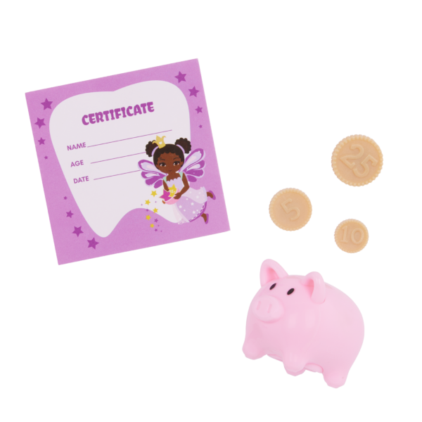 Accessories for Our Generation Doll Pixie including piggy bank, certificate and coins