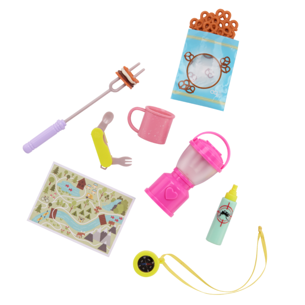 Accessories for OG Doll Vivian including map, compass, cup, utility tool, bug spray, snacks and lantern