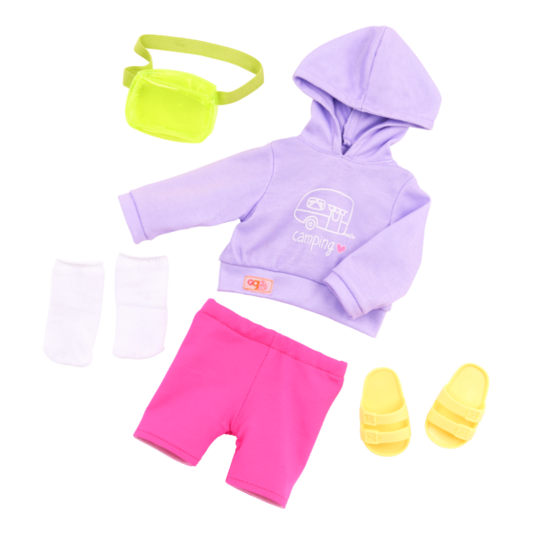 Outfit for OG Doll Vivian including hoodie, shorts, socks, sandals, and belt bag