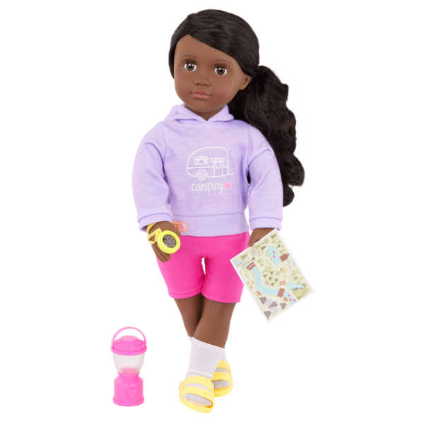 Our Generation 18 inch Doll Elissa holding a compass and a map, with lantern