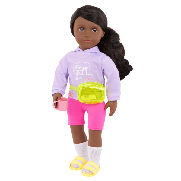 Our Generation 18 inch Doll Elissa holding a cup and wearing her belt bag