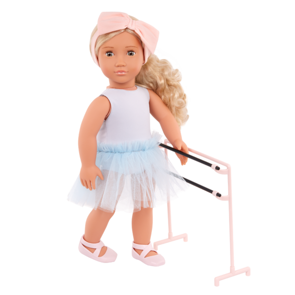 Our Generation 18 inch Doll Prima in ballet outfit holding onto ballet barre
