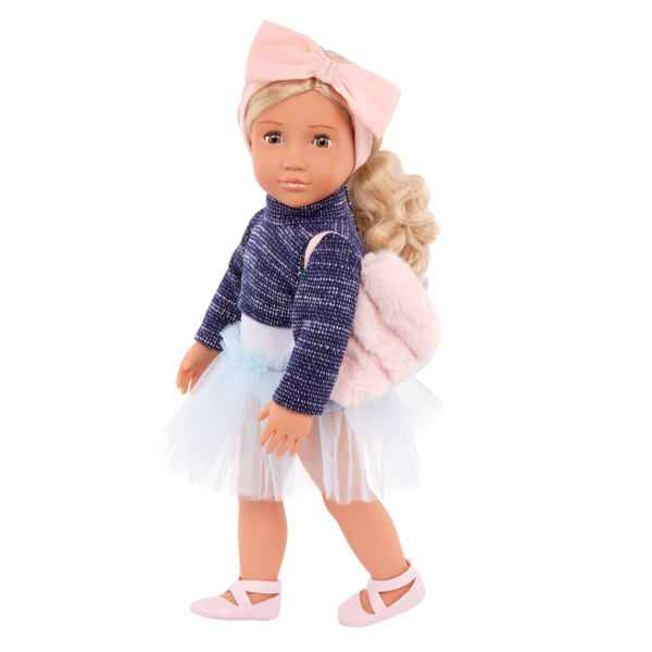 Our Generation 18 inch Doll Prima in ballet outfit carrying a backpack