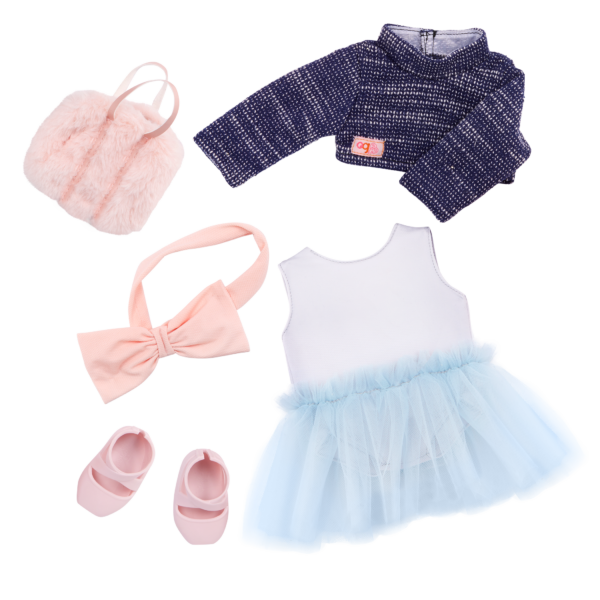 Our Generation outfit including ballet leotard with tutu, sweater, shoes, headband with bow and backpack