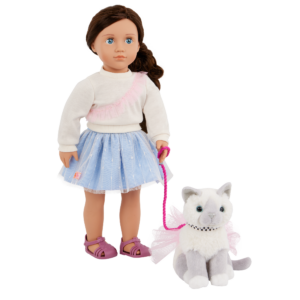 Our Generation 18" Doll Mindy with her Pet Cat Pepper on a leash, wearing a skirt