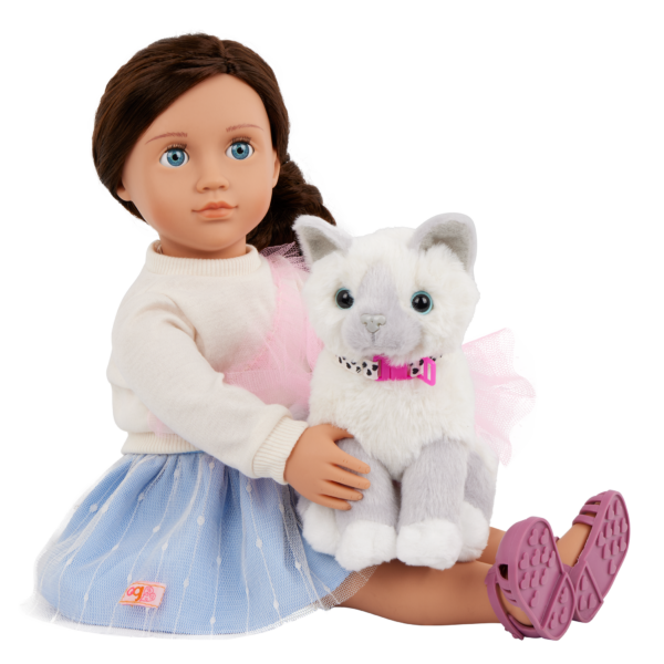 Our Generation 18" Doll Mindy with her Pet Cat Pepper sitting in her lap, wearing a skirt