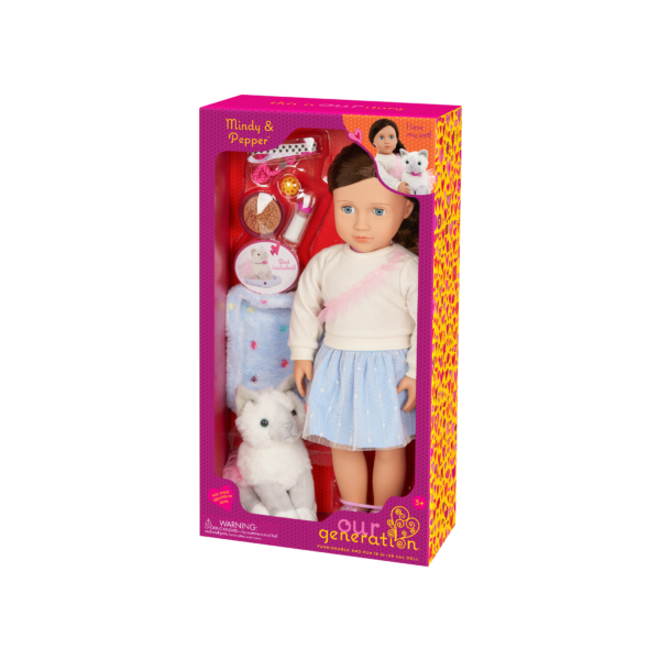 Our Generation 18" Doll Mindy, her Pet Cat Pepper in packaging