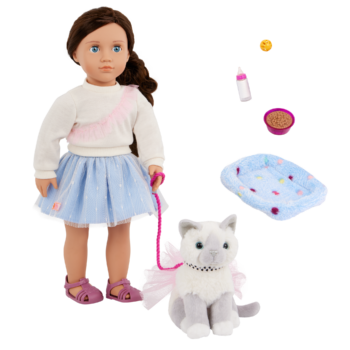 Our Generation 18" Doll Mindy, her Pet Cat Pepper and cat accessories