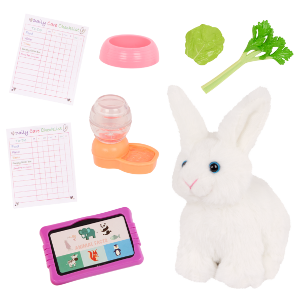 Our Generation pet bunny Summer and bunny accessories including checklists, tablet, water bowl, pet dish and food
