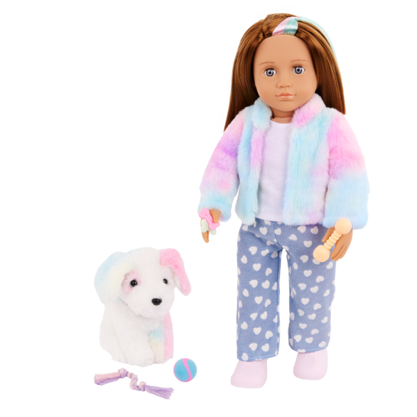 Our Generation 18" Doll Skylar and her Dog Bow with dog toys and treats