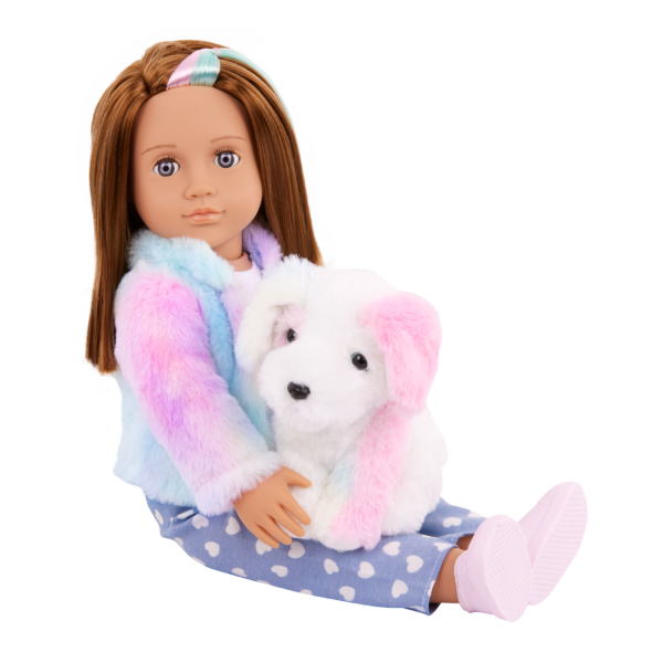 Our Generation 18" Doll Skylar sitting with her dog Bow in her lap