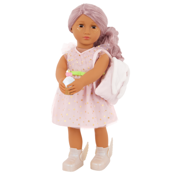 Our Generation 18 inch Doll Wishes carrying a backpack and holding a cupcake