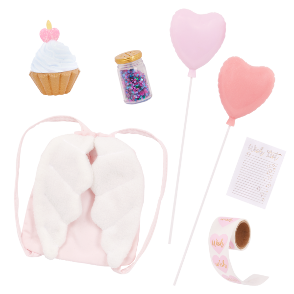 Accessories for 18 inch dolls including pretend balloons, stickers, a wish list, sparkles, a cupcake and a back pack