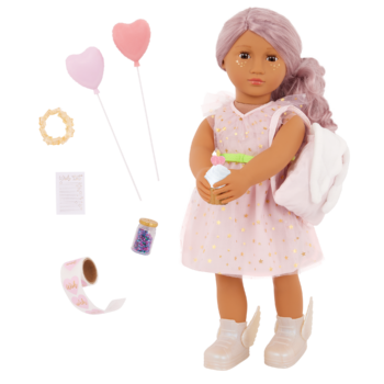 Our Generation 18 inch Doll Wishes with accessories including pretend balloons, stickers, a wish list, sparkles and a backpack