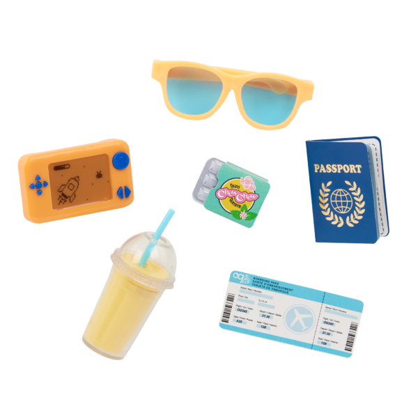 Accessories for OG Doll Milo including pretend Gameboy, drink, sunglasses and boarding pass