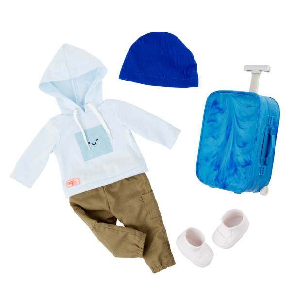 Outfit for OG Doll Milo including hoodie, pants, shoes, hat and suitcase