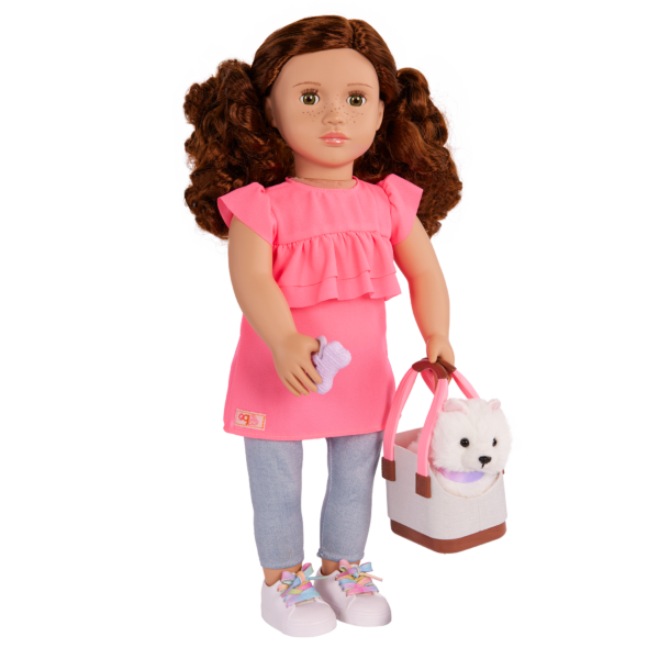 Our Generation 18 inch Doll Becca and her pet dog Pearl in a carry case