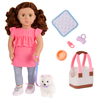 Our Generation 18 inch Doll Becca and her pet dog Pearl with pet accessories