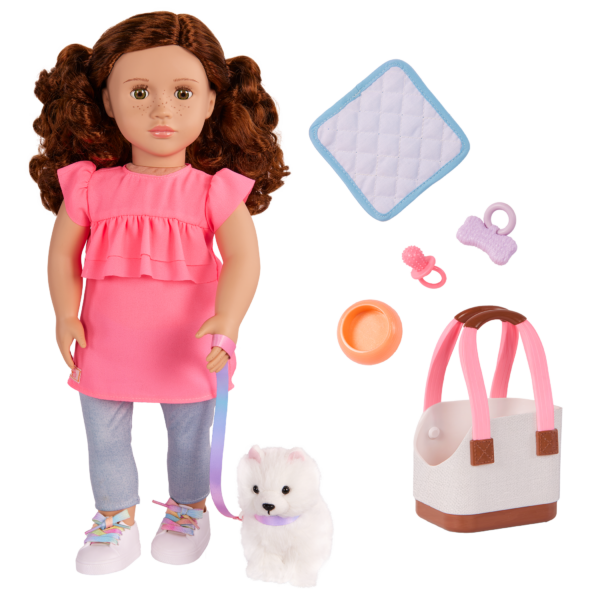 Our Generation 18 inch Doll Becca and her pet dog Pearl with pet accessories