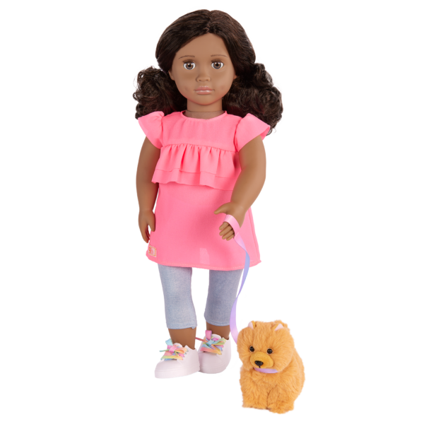 Our Generation 18 inch Doll Ayanna walking her pet dog Goldie