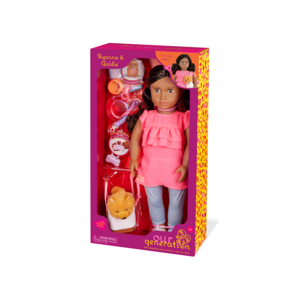 Our Generation 18 inch Doll Ayanna and her pet dog Goldie in packaging